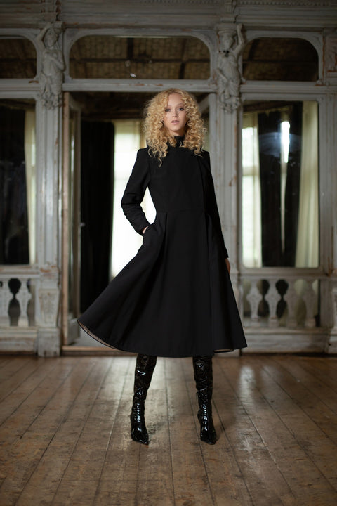 RainSisters | Double Breasted Coat with Belt in Black | Queen of Spades