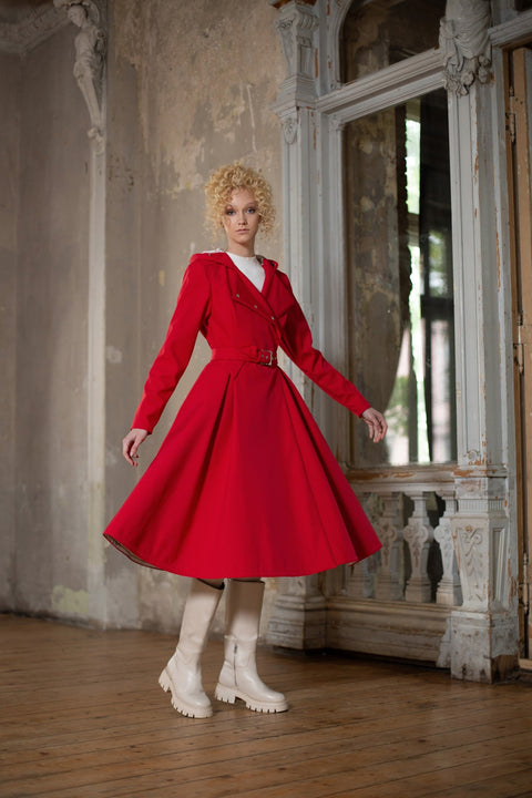 RainSisters | Eye-Catching Bright Red Fitted and Flared Design Coat | Queen of Hearts
