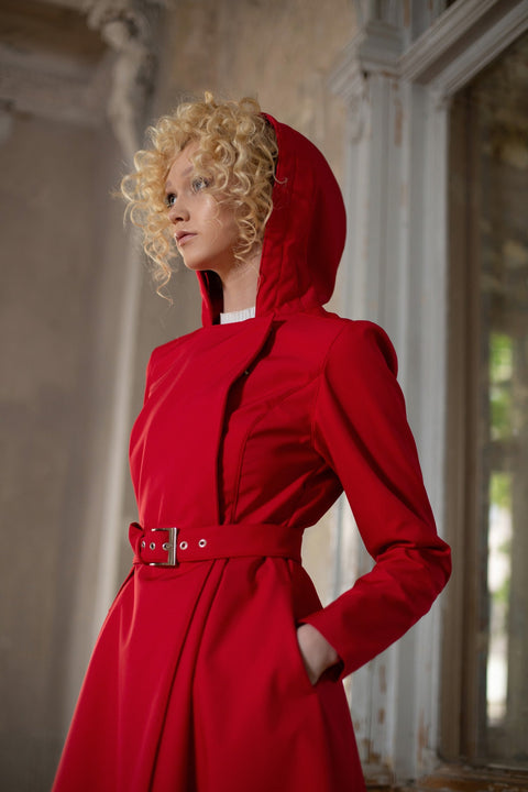 RainSisters | Eye-Catching Bright Red Fitted and Flared Design Coat | Queen of Hearts