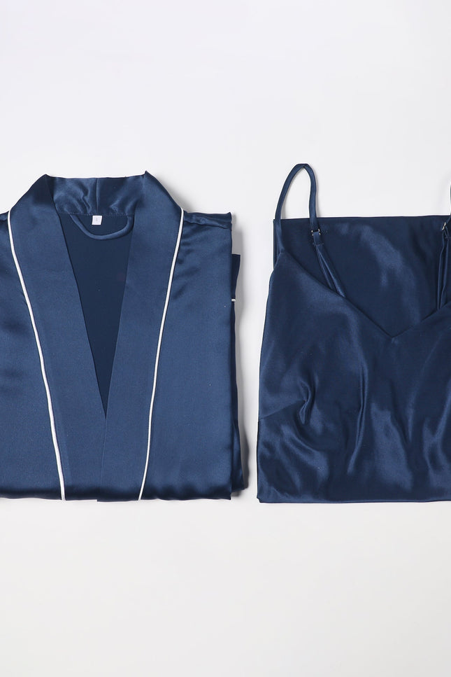 Soft Strokes Silk | Navy Float Kimono Robe & Slip Mini Dress Set