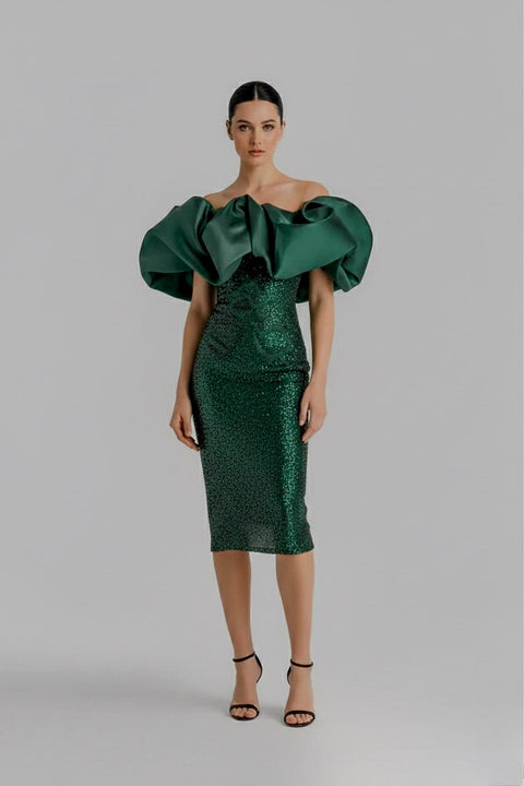 Anitabel | Structured Puffed Off The Shoulder Dress In Green