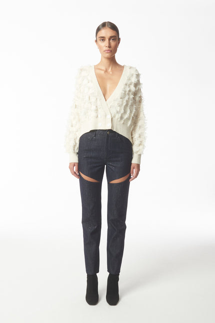 Fringed Checkerboard Cardigan in White