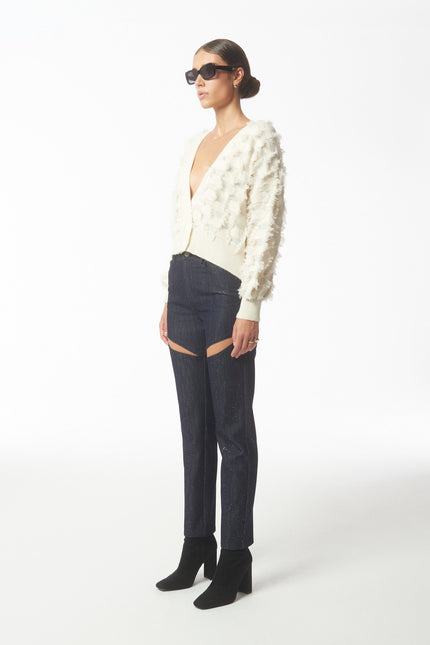 SOUR FIGS Fringed Checkerboard Cardigan in White