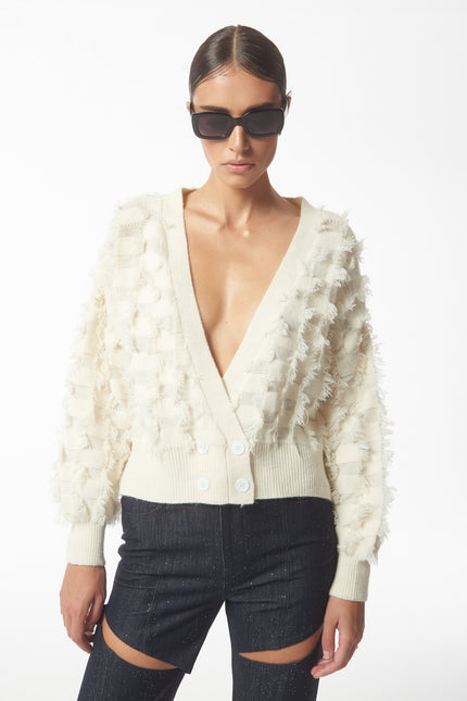 SOUR FIGS Checkerboard Fringed Cardigan in White