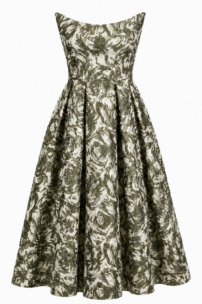 The Tala Corset Midi Dress by Sarvin features a sleeveless, fitted bodice and flared skirt with an abstract green and white floral print. A slightly off-the-shoulder neckline adds structure to this elegant midi silhouette.