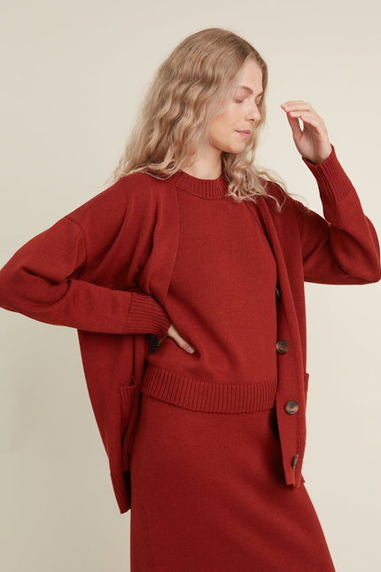 Monala | Button-Up Merino Wool Cardigan in Rust