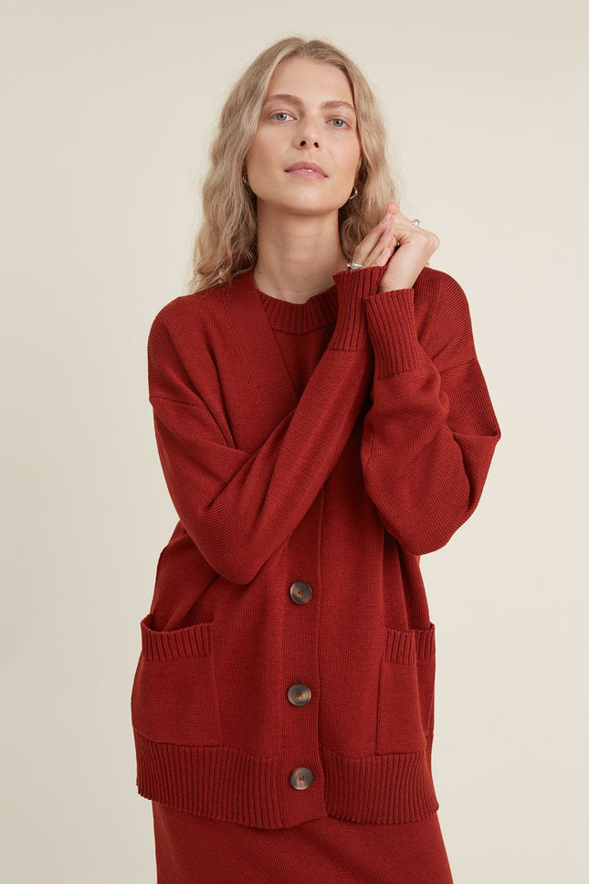 Monala | Button-Up Merino Wool Cardigan in Rust