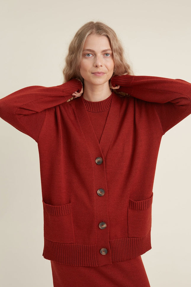 Monala | Button-Up Merino Wool Cardigan in Rust