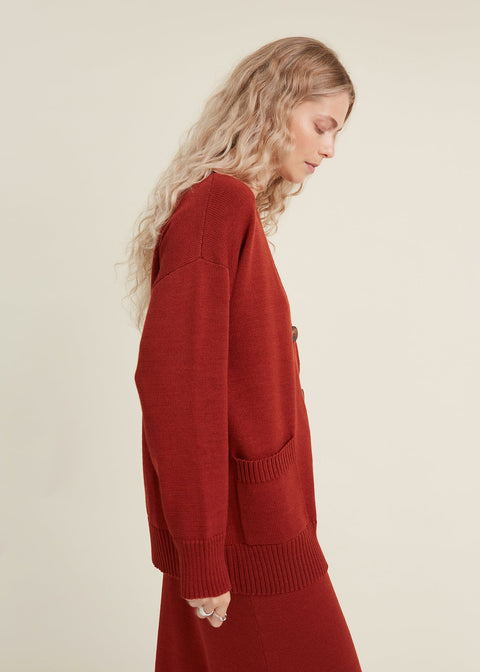 Monala | Button-Up Merino Wool Cardigan in Rust
