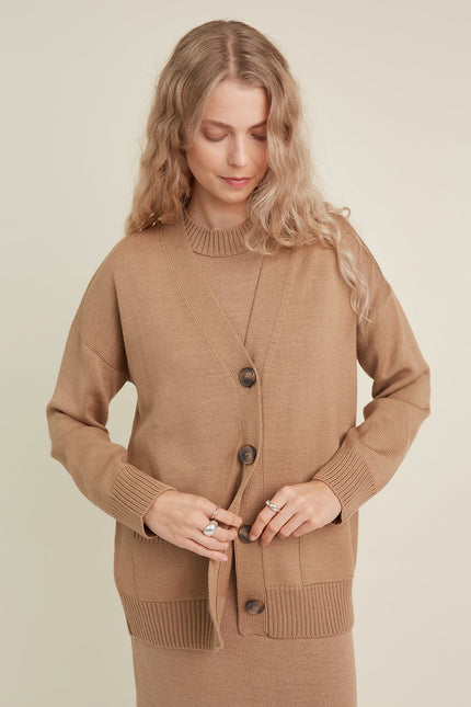 Monala | Button-Up Merino Wool Cardigan in Camel