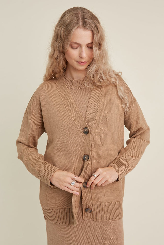 Monala | Button-Up Merino Wool Cardigan in Camel