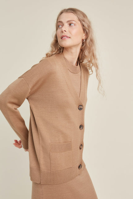 Monala | Button-Up Merino Wool Cardigan in Camel