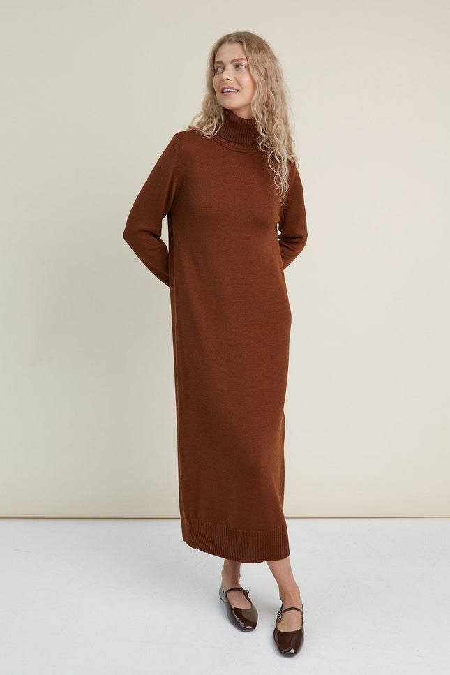 Monala | Turtleneck Knitted Merino Wool Sweater Dress in Chocolate