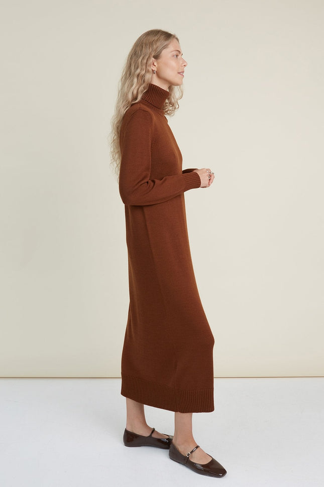 Monala | Turtleneck Knitted Merino Wool Sweater Dress in Chocolate