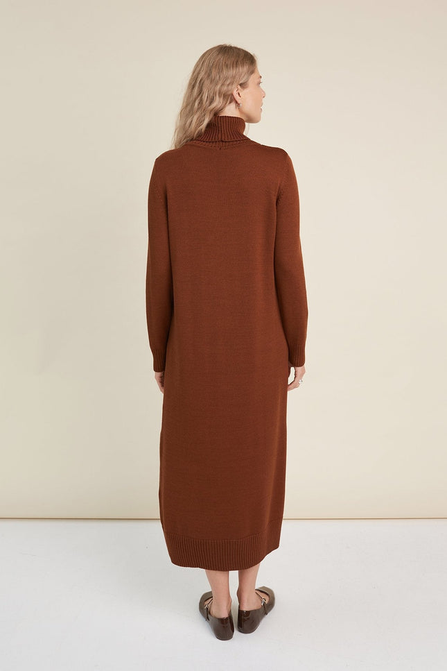 Monala | Turtleneck Knitted Merino Wool Sweater Dress in Chocolate