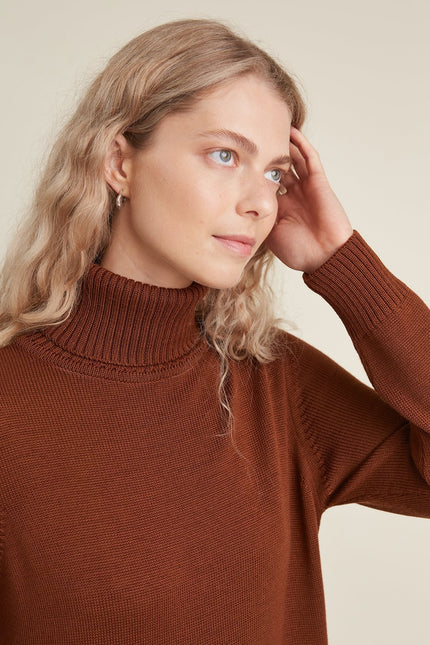 Monala | Turtleneck Knitted Merino Wool Sweater Dress in Chocolate