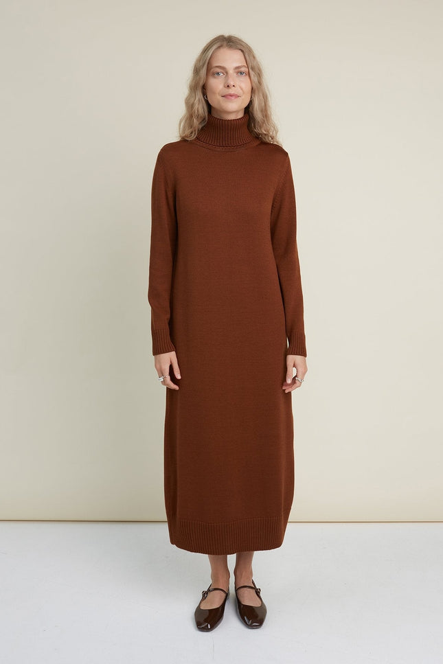 Monala | Turtleneck Knitted Merino Wool Sweater Dress in Dark Blue