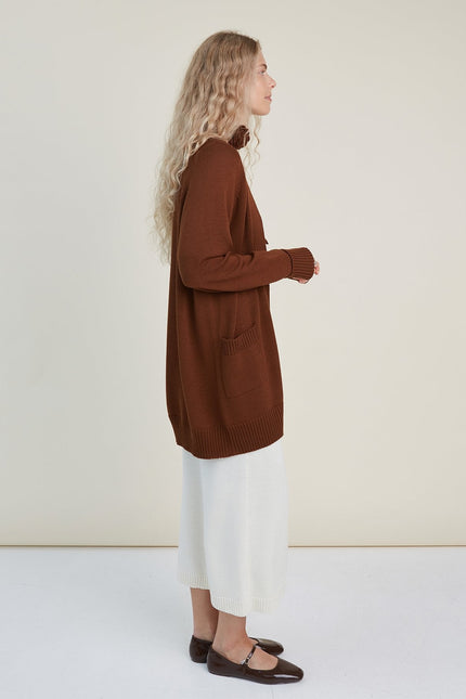 Monala | Knitted Merino Wool Cardigan with Pockets in Chocolate