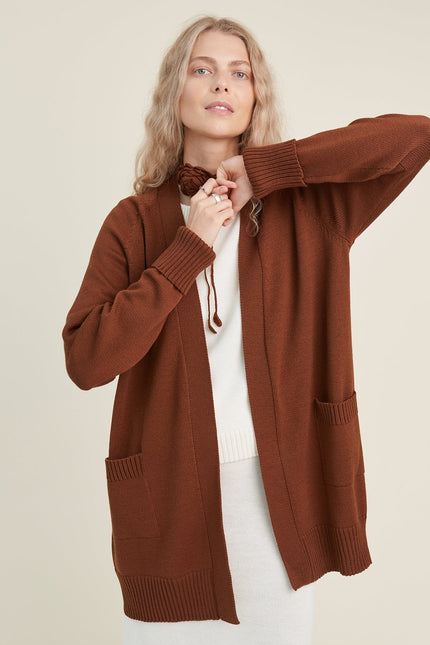 Monala | Knitted Merino Wool Cardigan with Pockets in Chocolate