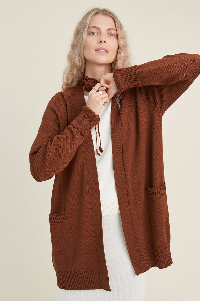 Monala | Knitted Merino Wool Cardigan with Pockets in Chocolate