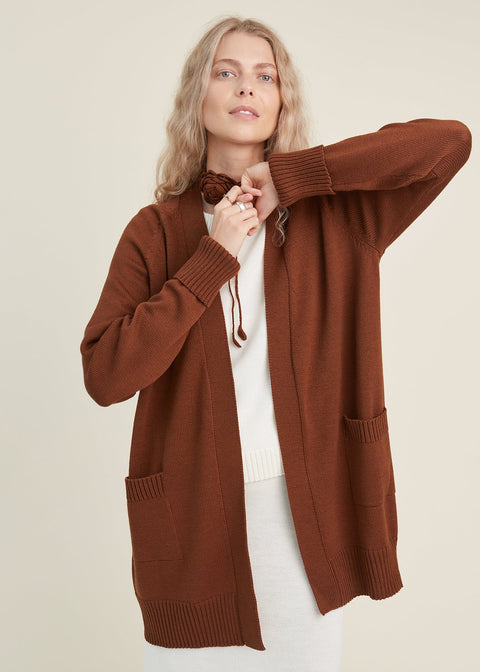 Monala | Knitted Merino Wool Cardigan with Pockets in Chocolate