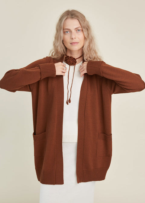 Monala | Knitted Merino Wool Cardigan with Pockets in Chocolate