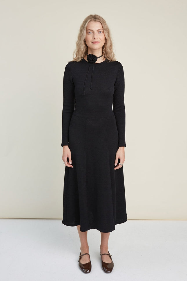 Monala | Knitted Merino Wool A-line Midi Dress in Black