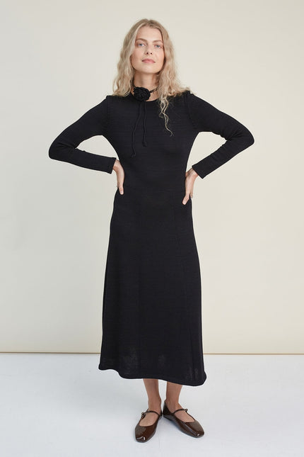 Monala | Knitted Merino Wool A-line Midi Dress in Black