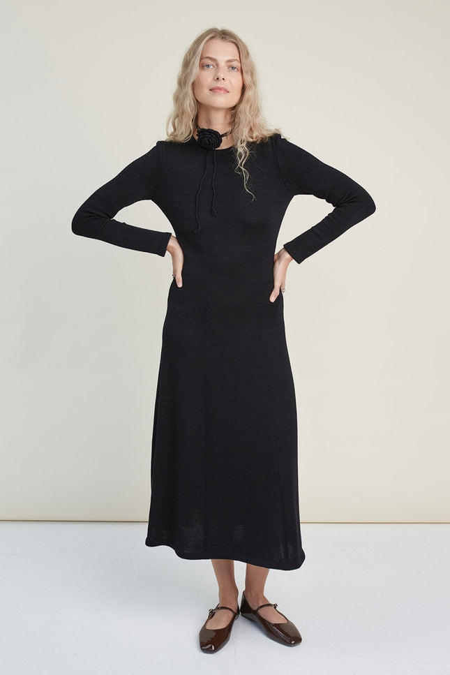 Monala | Knitted Merino Wool A-line Midi Dress in Black