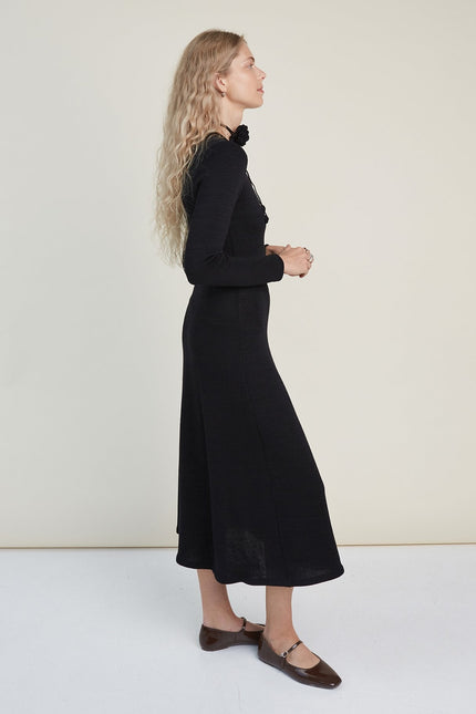 Monala | Knitted Merino Wool A-line Midi Dress in Black