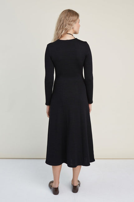 Monala | Knitted Merino Wool A-line Midi Dress in Black