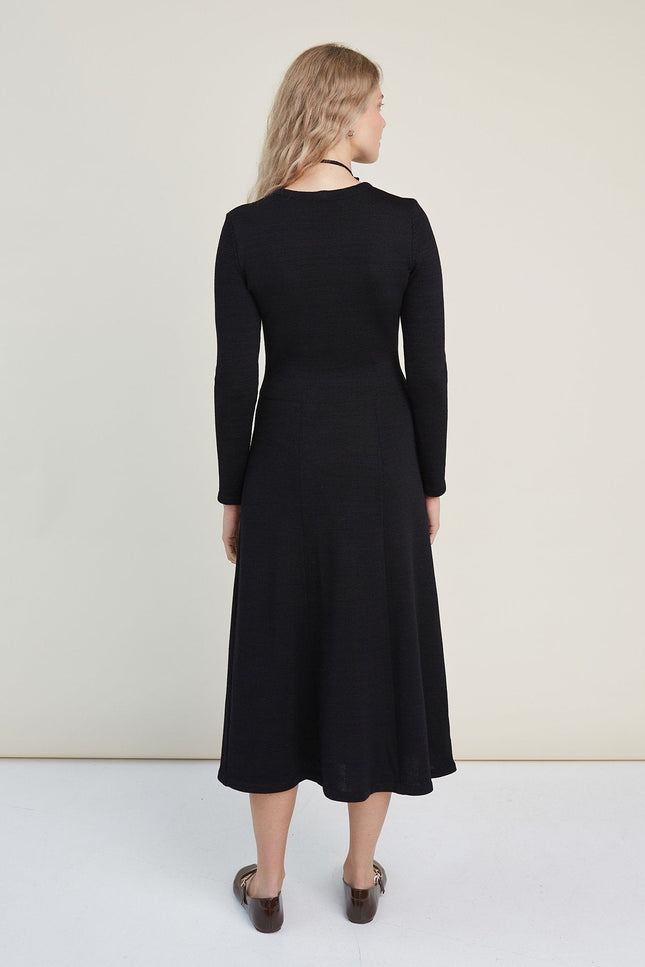 Monala | Knitted Merino Wool A-line Midi Dress in Black