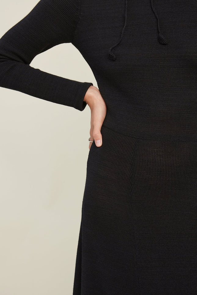 Monala | Knitted Merino Wool A-line Midi Dress in Black