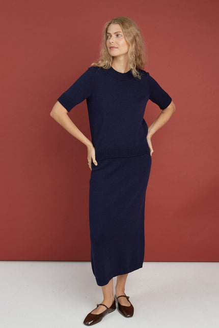 Monala | Knitted Merino Wool Skirt in Dark Blue