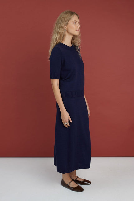 Monala | Knitted Merino Wool Skirt in Dark Blue