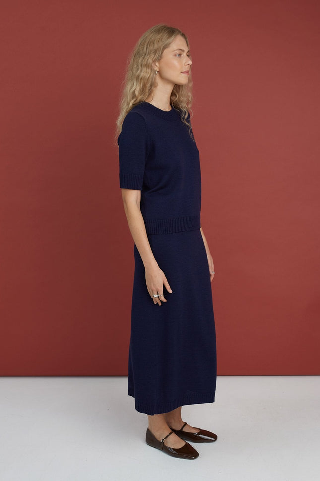 Monala | Knitted Merino Wool Skirt in Dark Blue