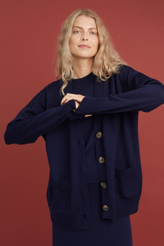 Monala | Button-Up Merino Wool Cardigan in Dark Blue