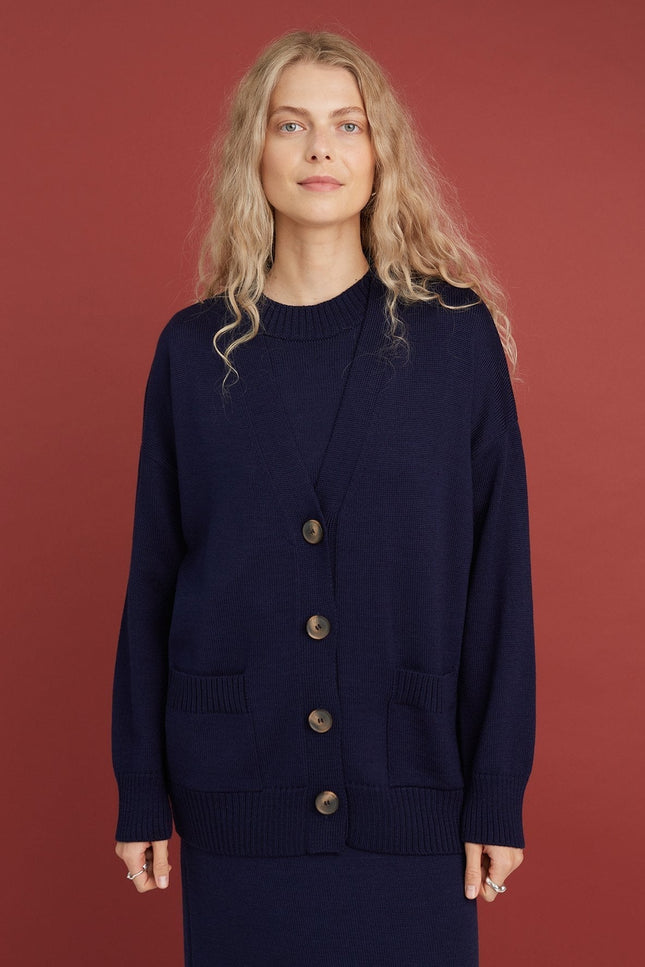 Monala | Button-Up Merino Wool Cardigan in Dark Blue