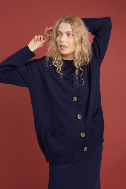 Monala | Button-Up Merino Wool Cardigan in Dark Blue