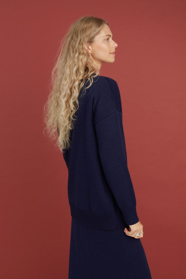 Monala | Button-Up Merino Wool Cardigan in Dark Blue