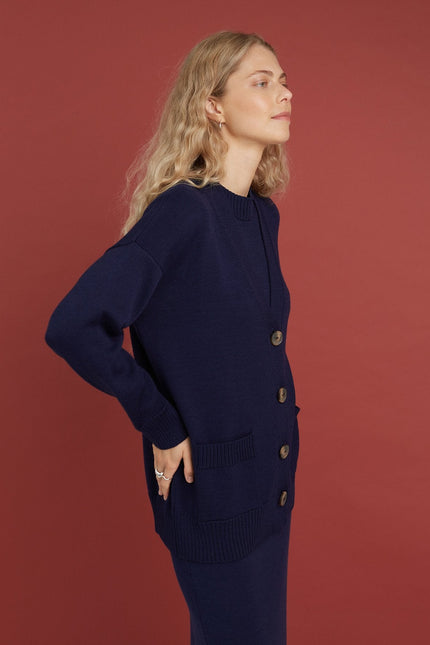 Monala | Button-Up Merino Wool Cardigan in Dark Blue