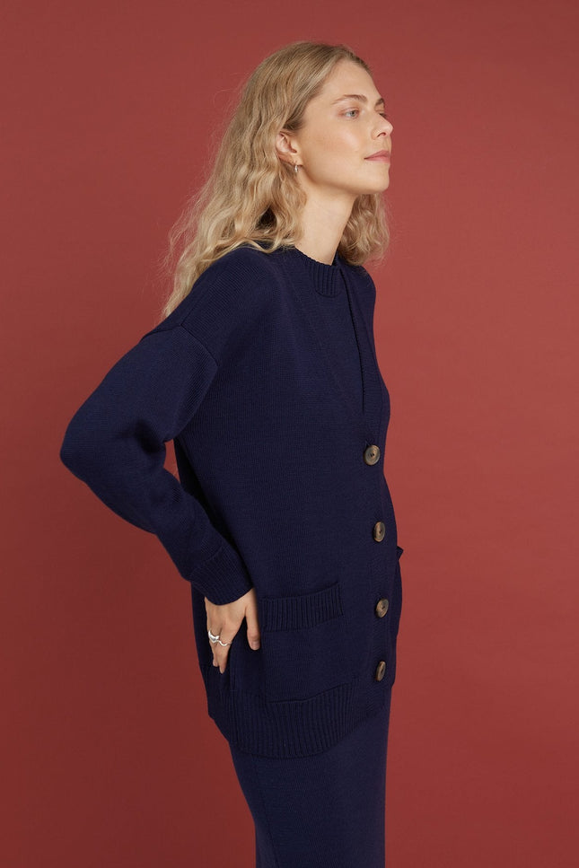 Monala | Button-Up Merino Wool Cardigan in Dark Blue