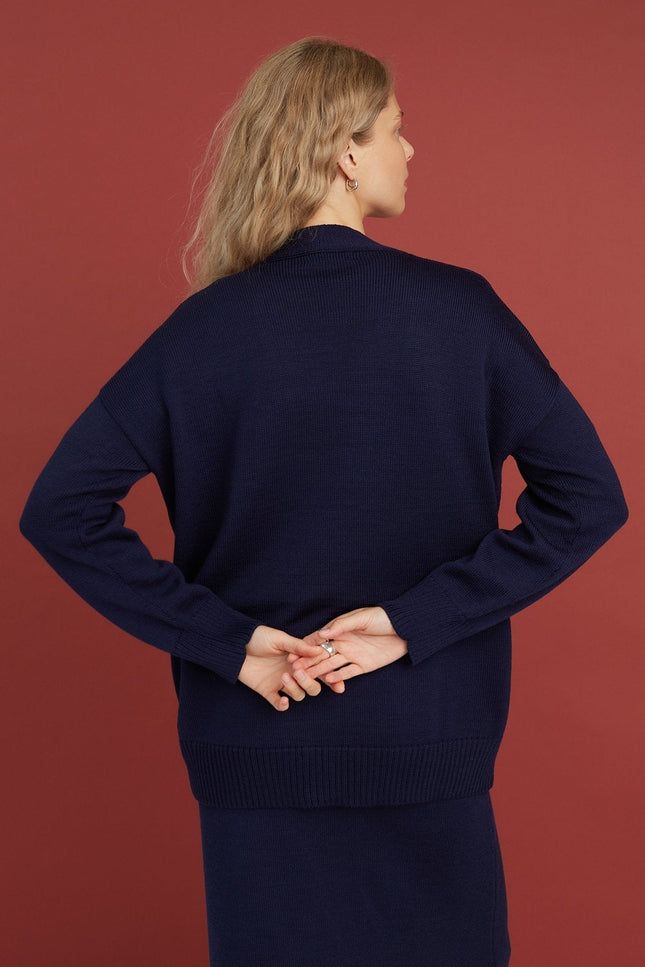 Monala | Button-Up Merino Wool Cardigan in Dark Blue