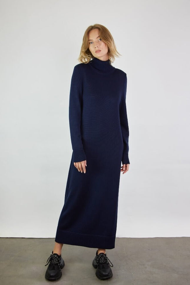 Monala | Turtleneck Knitted Merino Wool Sweater Dress in Dark Blue