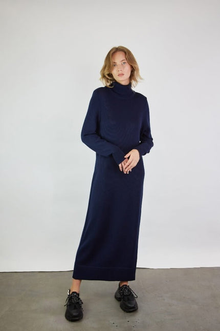 Monala | Turtleneck Knitted Merino Wool Sweater Dress in Dark Blue