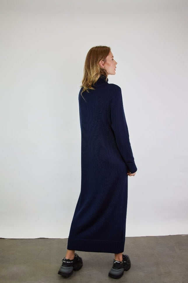 Monala | Turtleneck Knitted Merino Wool Sweater Dress in Dark Blue