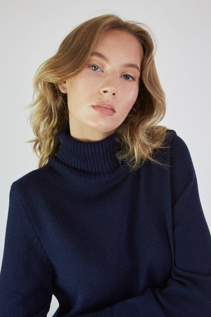 Monala | Turtleneck Knitted Merino Wool Sweater Dress in Dark Blue