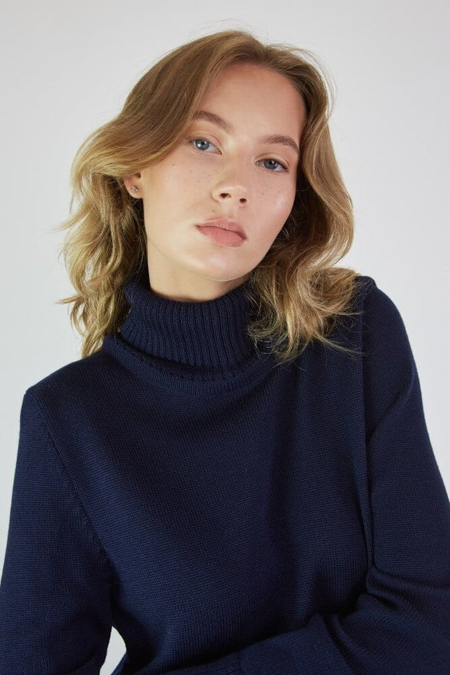 Monala | Turtleneck Knitted Merino Wool Sweater Dress in Dark Blue