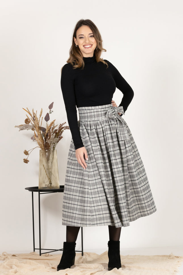 Front view of Wool Midi Plaid Skirt with High Waisted Bow and Pockets