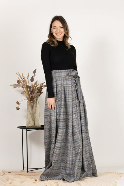 Front view of Plaid Wool Pleated Skirt with Ultra High Waist and Bow